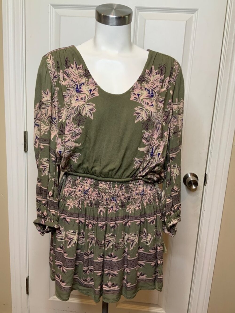 Free People Moonlight Drive Green Floral Belted Boho Mini Dress, Size S